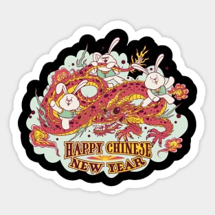 three cartoon bunnies riding on a Chinese dragon, and the title Happy Chinese new year Sticker